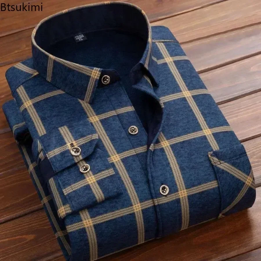 

New 2024 Men's Thick Long Sleeve Shirts Fashion Casual Business Versatile Shirts Tops Men Plaid Striped Warm Shirts Camisas Male