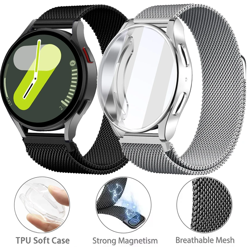 Funda de cristal de PC + correa de bucle milanés para Samsung Galaxy Watch 7 6 5 4 40MM 44MM pulsera de banda magnética de Metal para Samsung Galaxy 7 6