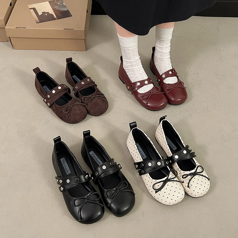 Fashion Pu Leather Women Ballet Flats Footwear Lolita Shoes Luxury Autumn Female Butterfly-Knot Round Toe Ladies Dance Shoes