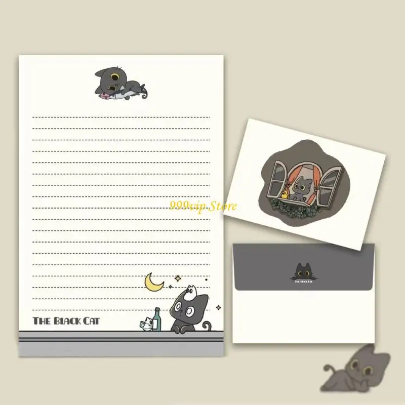 C90C 1 set Little Black Cats Letter Paper con carta da cartolet set buste con buste bella carta da scrittura