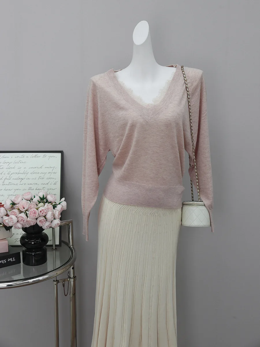 

Ele Lace V-ne Wool Knitted Base irt Women's Top Faionable Trendy Loose Fit Long Sve Color Crew Ne