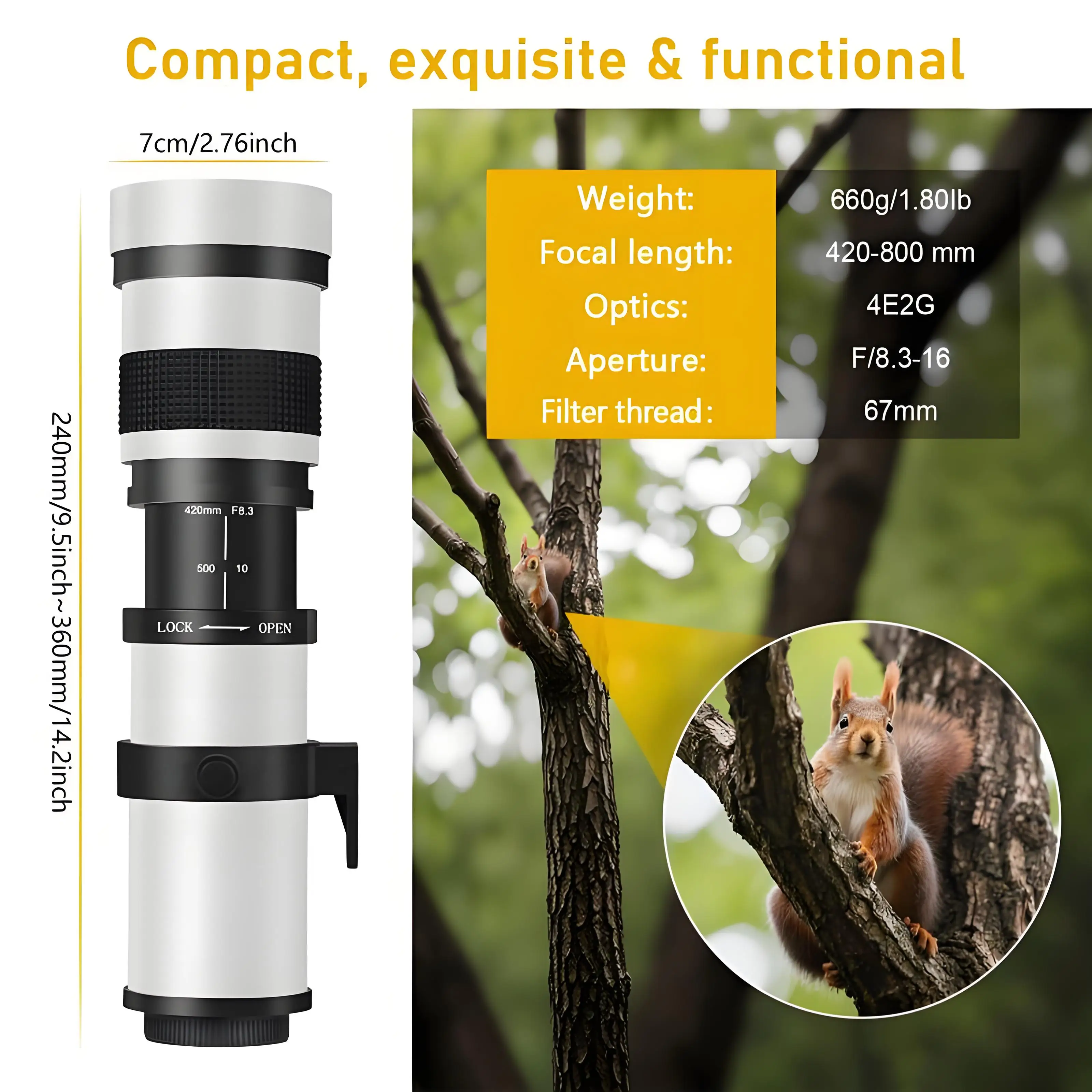 Super Telephoto Lens for Canon/Nikon/Sony - 420-800mm F/8.3-16 Long Focus Lens (Manual Zoom) for Manual Focus Dslr Cameras Lens