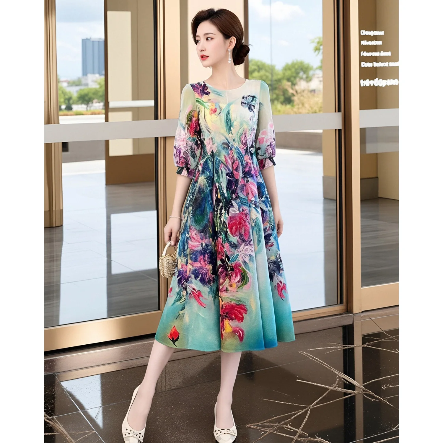 

Miyake Pleated Butterfly Floral Print Women's Dress O-Neck Puff Sleeve Hem Flowy A-line Casual Dresses 2026 Spring New 2DB7116