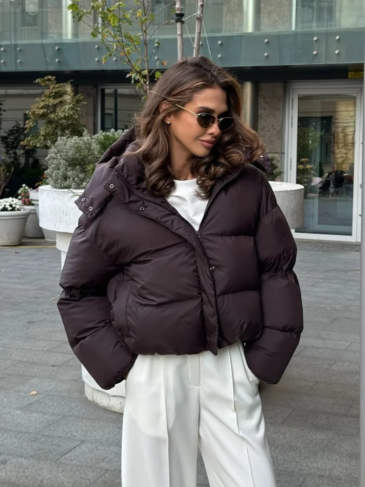 Women Cropped Hooded Puffer Jacket Loose Oversized Long Sleeve Zip Up Short Padded Coat 2026 Warm Winter Daily Street Streetwear