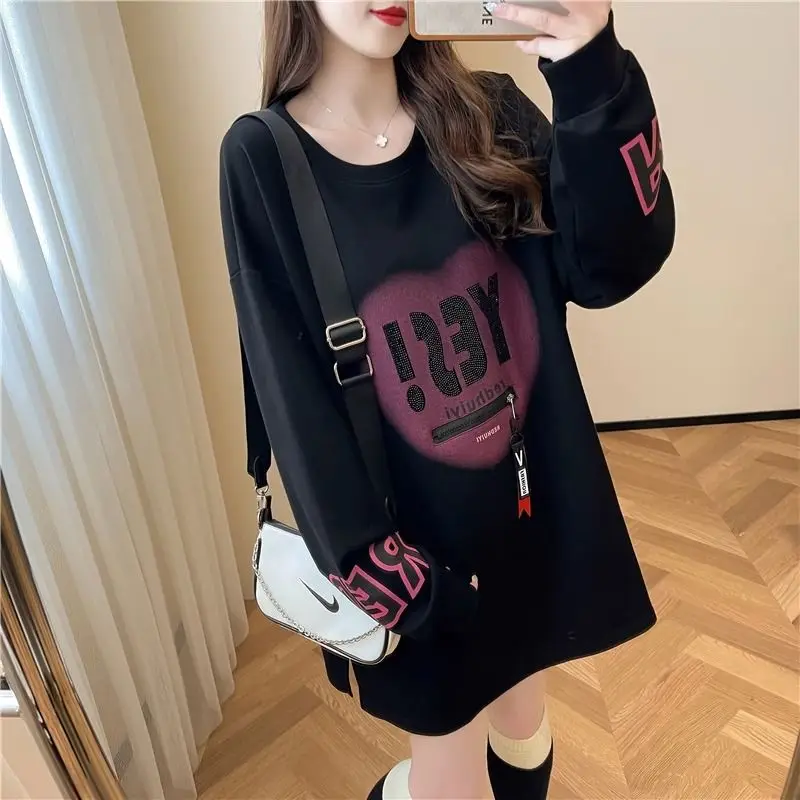 Fashion O-Neck Loose Printed Spliced Zipper Diamonds T-Shirt Female Clothing 2023 Autumn Oversized Casual Tops Korean Tee Shirt