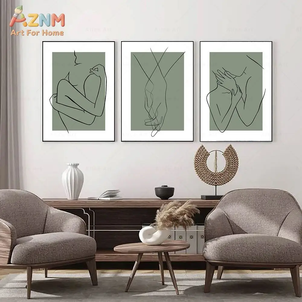 AZNM Couple Line Art Canvas Wall Art Minimalist Abstract Figure With Love Quote Print Frameless Canvas Painting Bedroom Home Wal