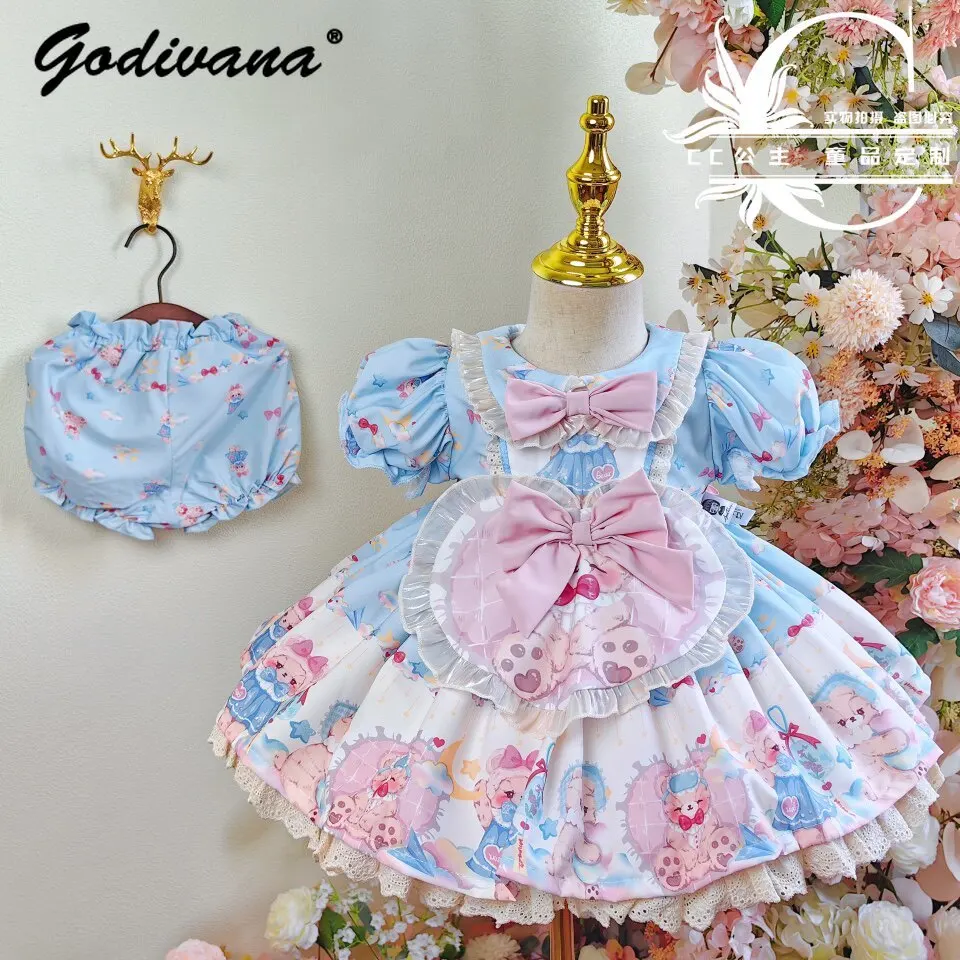 Original Cute Baby Girls Little Bear Print Lolita Princess Dress 2026 New Summer Kids Doll Collar Puff Sleeve Lace Bow Ball Gown