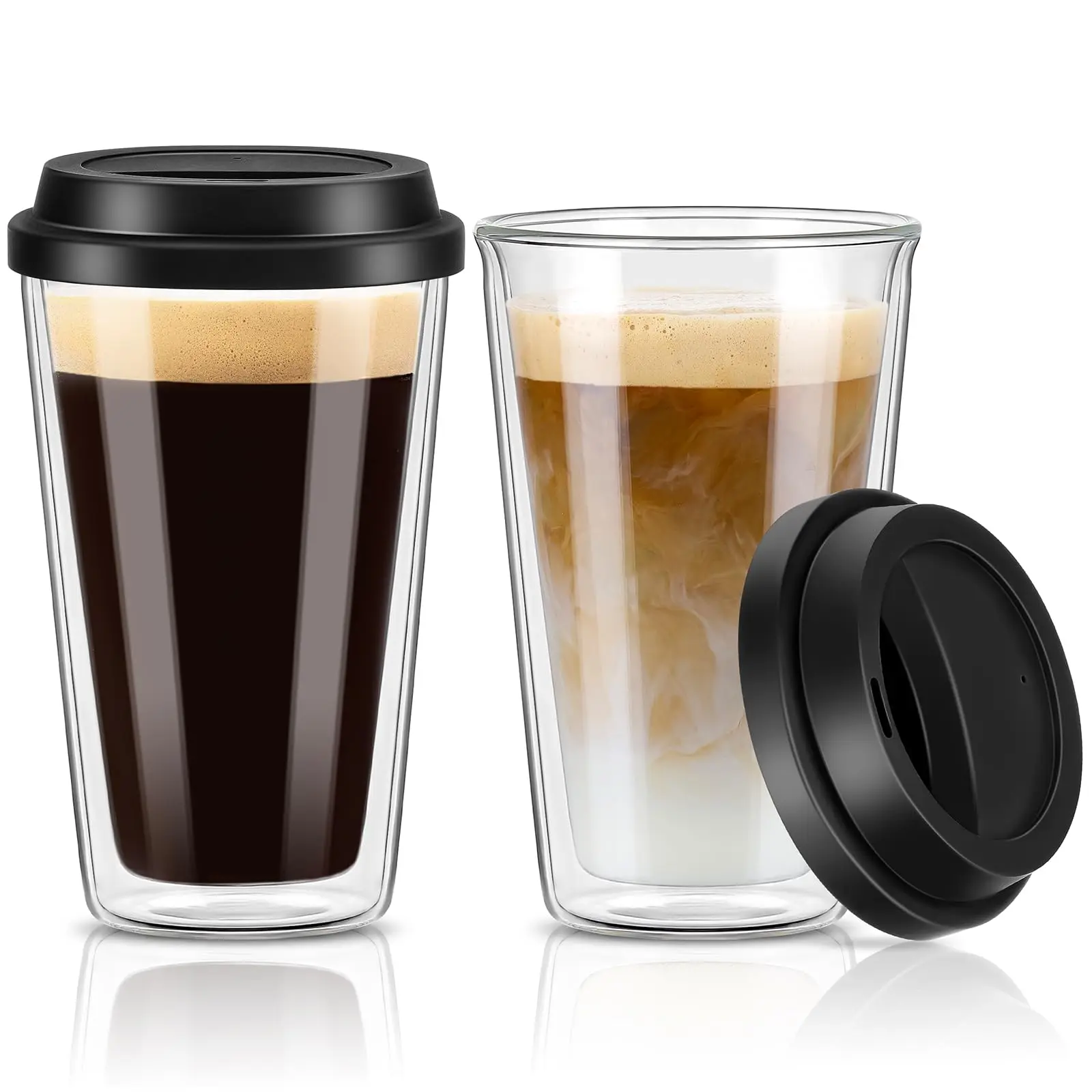 

Double Walled Glass Coffee Mugs with Silicone Lids, 12 OZ Reusable Glass Coffee Cups, Insulated Coffee Mugs, Cappuccino,Tea,