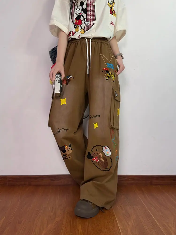 

Casual Cartoon Embroidery Wide Leg Pants Women's Loose Fit Casual Workwear Trousers Versatile Cotton Straight Cut Summer