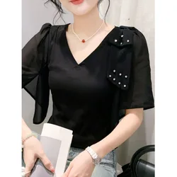 #7215 Black White Red Skinny T Shirt Women Spliced Chiffon Half Sleeve Diamonds Sexy Short Tshirt Femme Thin V-neck Korean Style