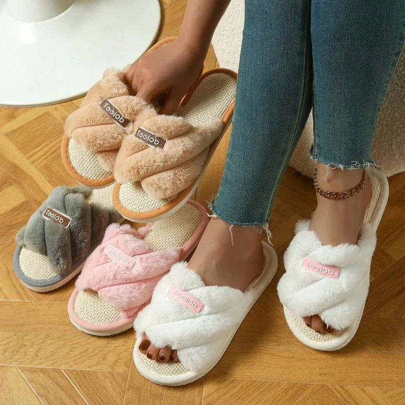 

Меховые тапочки с перекрестной лентой для женщин. Пушистые туфли с открытым носком. Плюшевые домашние тапочки на плоской подошве. Женские уютные теплые нескользящие тапочки на мягкой подошве.