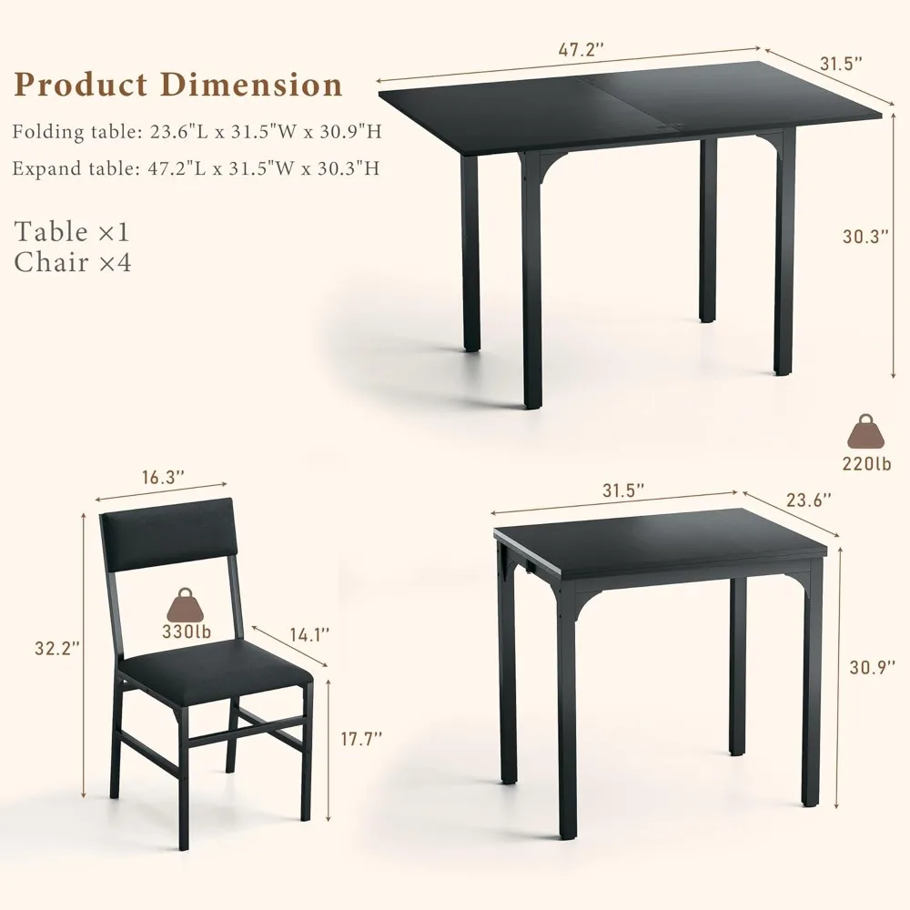 Extendable Kitchen Table Cushion Chairs Set , Rectangle Dining Table with Metal Frame & MDF Board, Folding