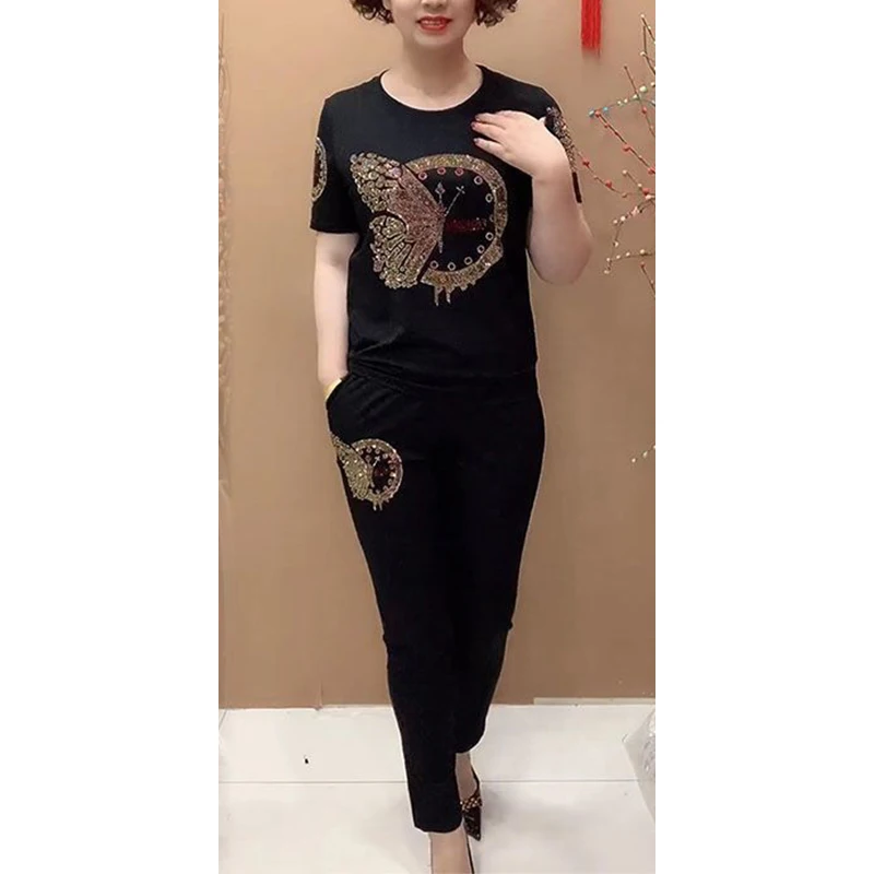 Letnie nowe modne solidne diamenty O-Neck T-shirt z krótkim rękawem garnitury damskie i elastyczne kieszenie w talii koreańskie proste spodnie zestawy