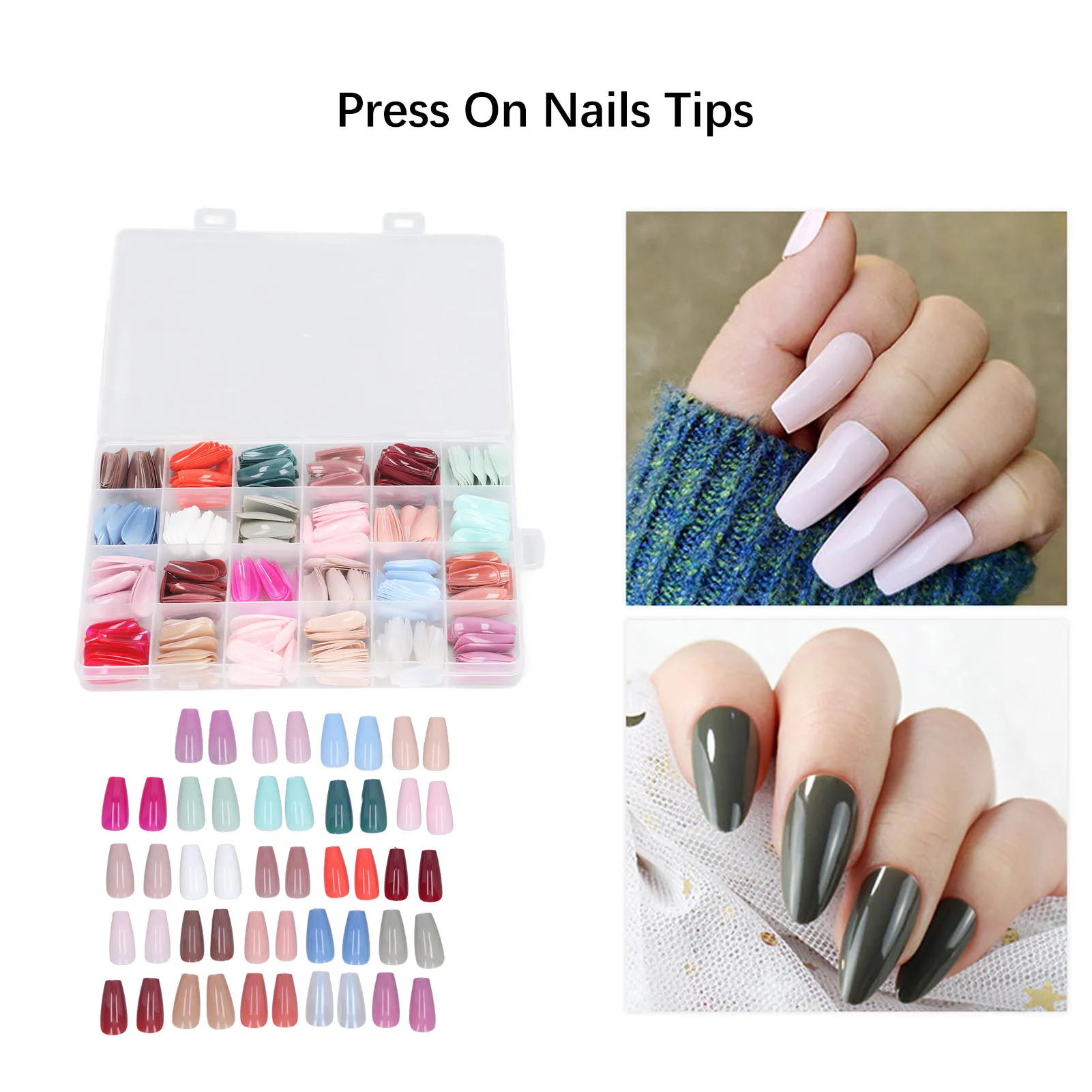 576pcs Press On Coffin Fake Nails Glossy Full Cover Color Mixing Different Size Ballerina False Nails