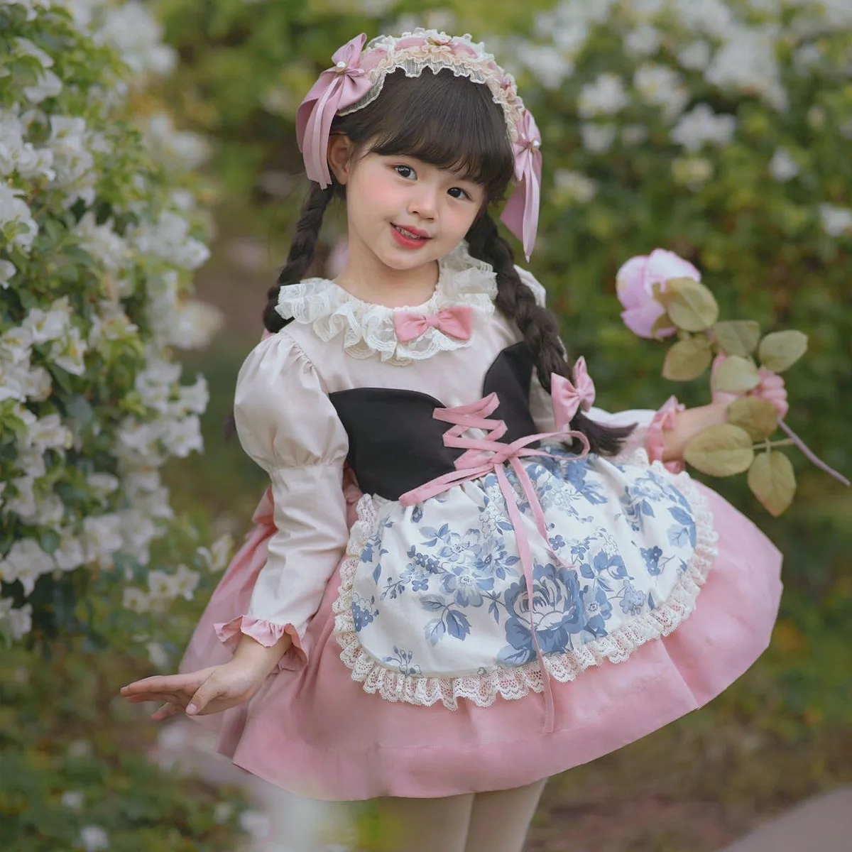 ICJAEHAO Long Sleeve New Spring Girls Lolita Retro Princess Dress Girls Birthday Party Children's Clothes Pink Dresses Costumes