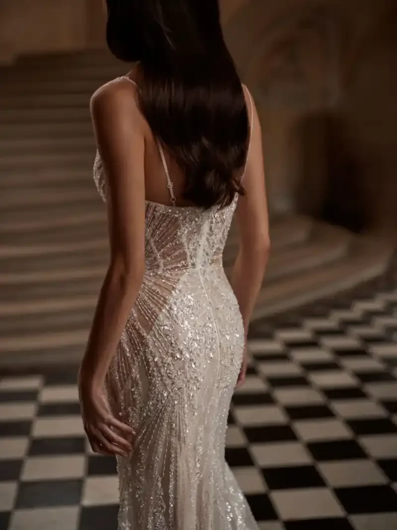Graceful A-Line Wedding Dresses With Spaghetti Strap Pearls Sequins Customized Plus Size For Special Occasion  Vestidos De Novia view 3