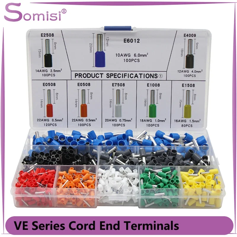 

Boxed VE Series Cord End Terminals Insulated PVC Block Crimping Sleeve Terminal Cable Electrical Pipe Wire Connectors