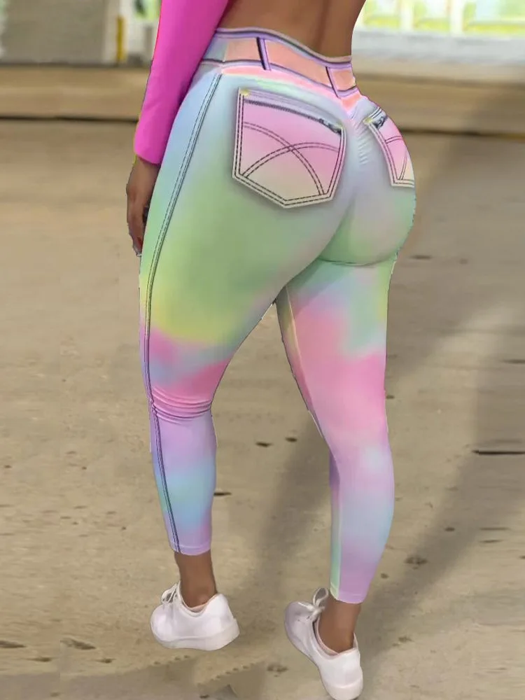 Tie Dye  Imitation Denim Leggings High Waist Long Pants Women's Fashionable Base Layer Trousers Casual Thin Model