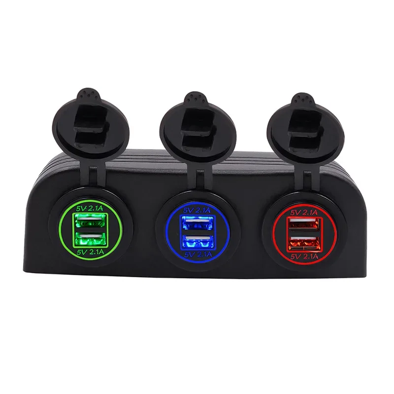 12V 24V 3 Holes Tent Type Universal Waterproof Triple 4.2A Dual USB Ports Car Charger Power Outlet Socket for Boat ATV RV