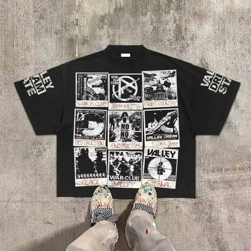 American Hip Hop Retro Theater Valley Division Harajuku Gothic War Print Summer New Retro Fashion Men and Women Streetwear