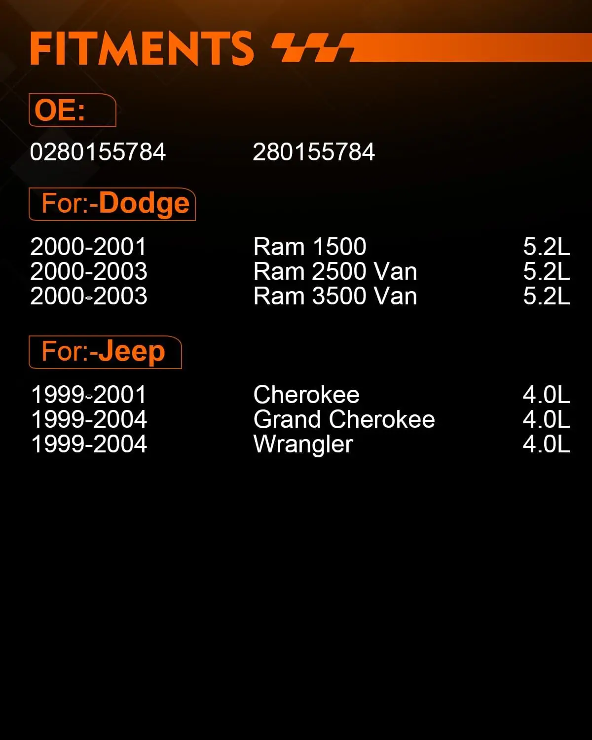 Bilusi 0280155784 inyectores de combustible 4.0L 5.2L para Jeep 1999-2004 Grand Cherokee Wrangler 1999-2001 para Ram 1500 2500 3500 2000-2003
