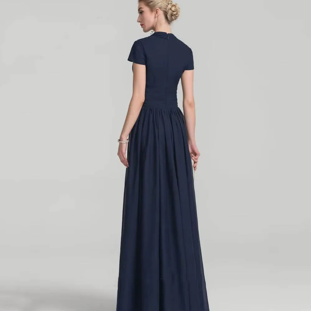 تخصيص بسيط أم الفساتين خط أنيق الخامس الرقبة فستان حفلة العروس قصيرة الأكمام فساتين حفلات الزفاف #2