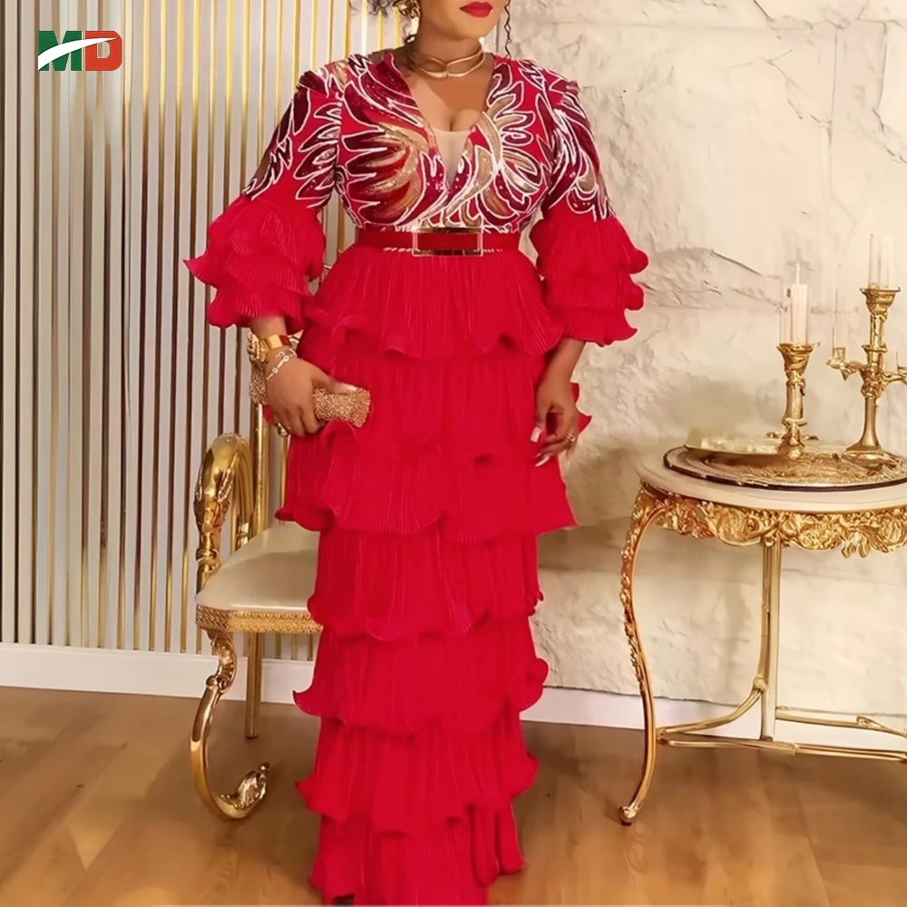 

MD African For Women Plus Size Maxi Dress V-Neck Floral Embroidery Gown Ruffled Bell Sleeves Weddings Party Christmas Robe New