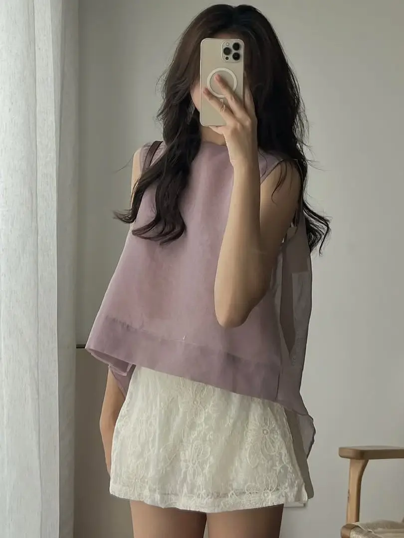 

Dongda Gate Women's Shirt with Sash Mesh Back Tie Sleeveless Top French Style Loose Fit Summer Thin Material round Neck