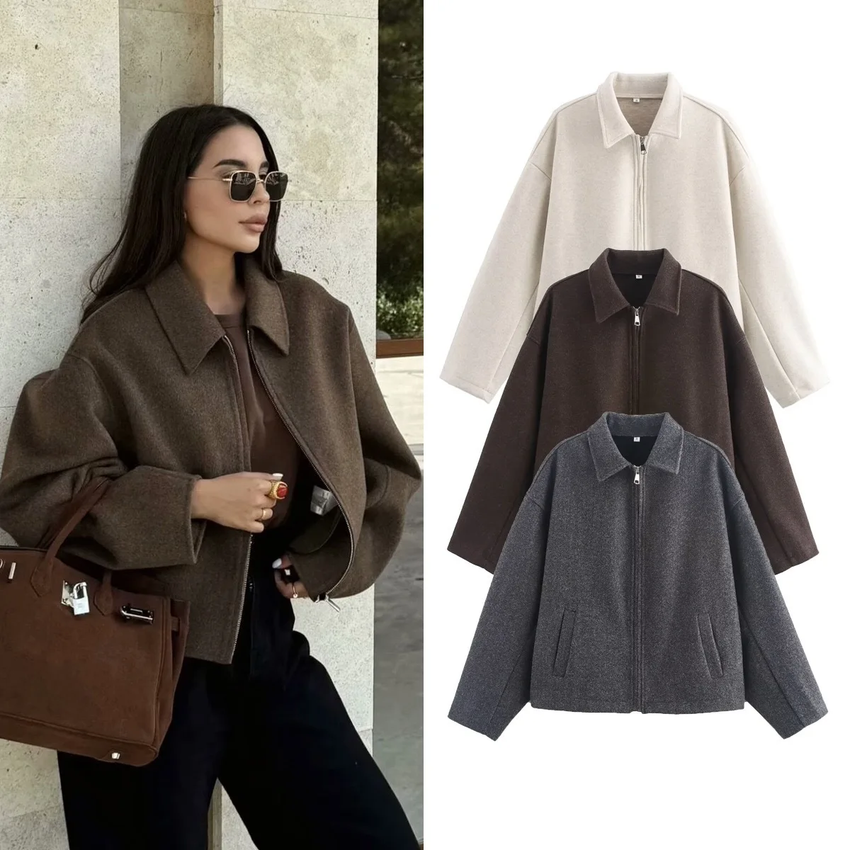 

Autumn Winter Fashion Woolen Jacket Coat Women Vintage All-match Solid Color Lapel Long-sleeve Zipper Warm Jackets Coats Female
