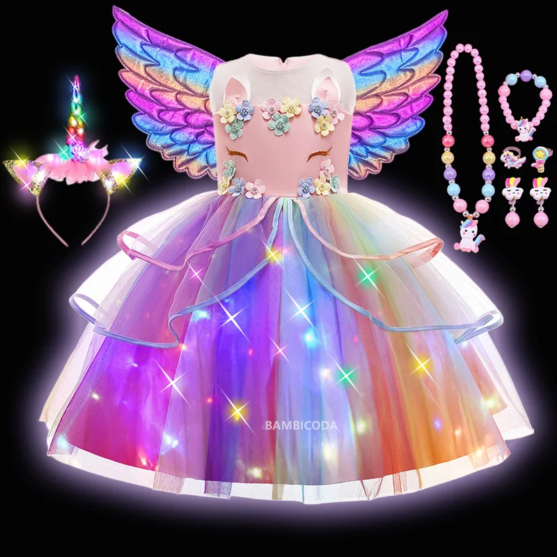 2023 Girls Shiny Unicorn Tutu Dress Glowing Kids LED Light up Dresses For Girls Halloween Princess Dress Children Clothing