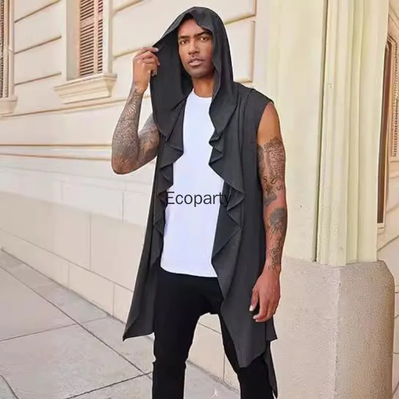 New Men's Hip Hop Punk Long Vest Jacket Solid Color Linen Sleeveless Hoodie Cardigan Cape Male Gothic Streetwear Singer Costume