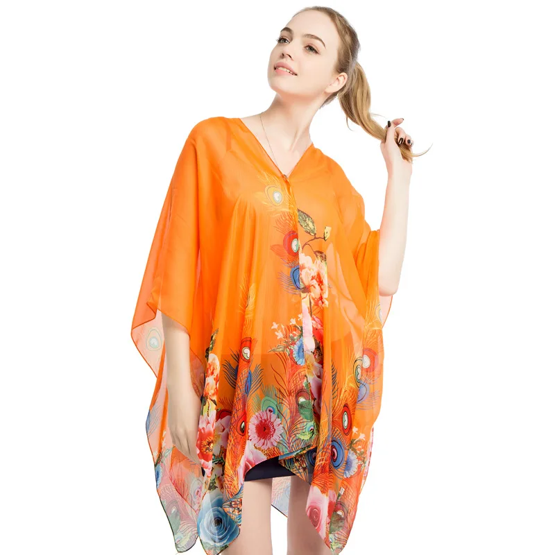 2022 New Summer Women Sunshade Printed Silk Scarf Creative Pearl Buckle Pullover Chiffon Shirt Sunscreen Shawl Orange