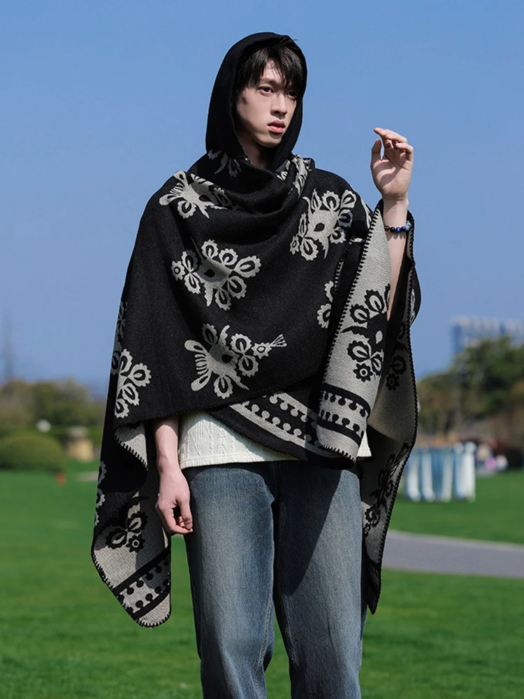 

Зимний женский и мужской шарф-пончо с капюшоном, элегантный, в ретро-стиле, с принтом, накидка, шаль, пашмина, плащ, новинка, унисекс