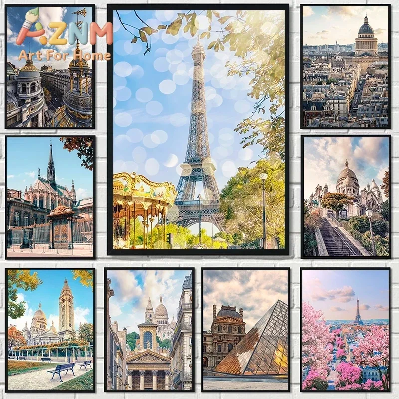 AZNM Paris City Landscape Canvas Wall Art Eiffel Tower Louvre Building Scenery Frameless Print Poster for Home Decor