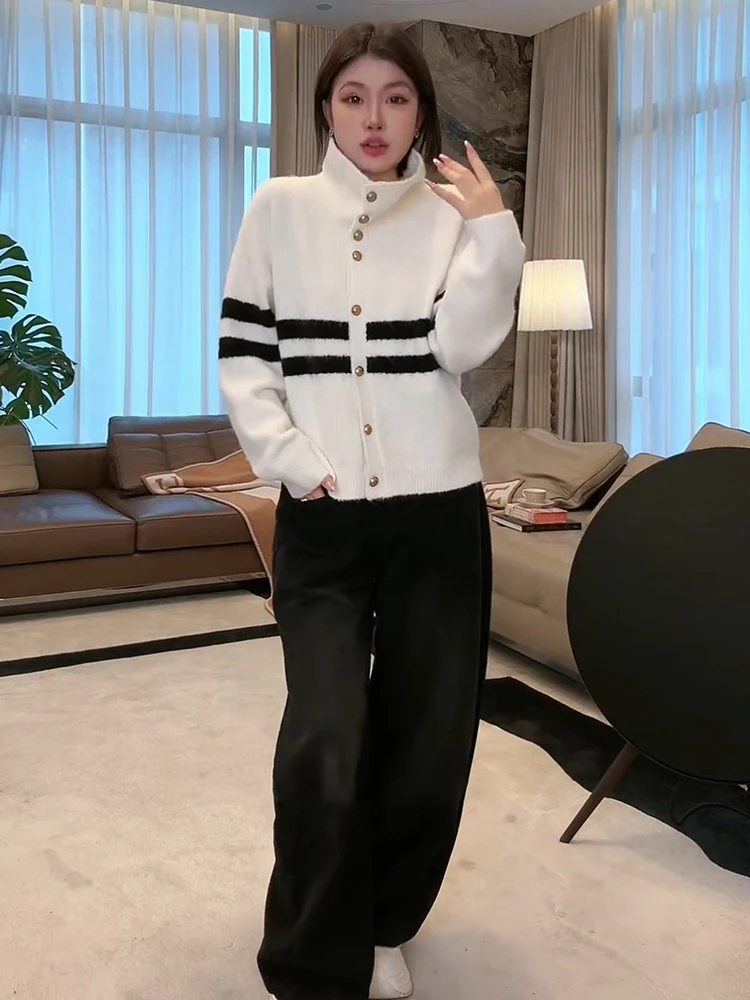 

Вязаный кардиган Lao Yang с двойными полосками, белый, в полоску, свободный крой, с длинными рукавами, осенне-зимняя новинка