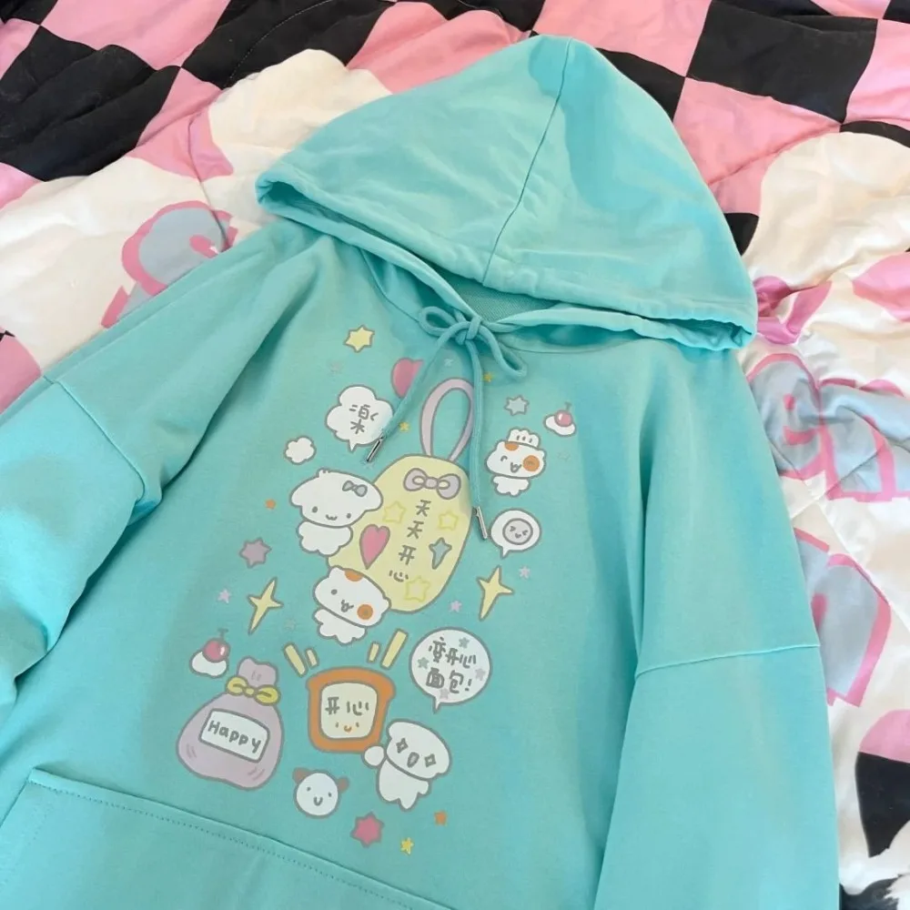 Japanese Mint Green Cute Cartoon Printed Hoodies Women Autumn Subculture Casual Loose Sweatshirt Preppy Style Teenage Kawaii Top