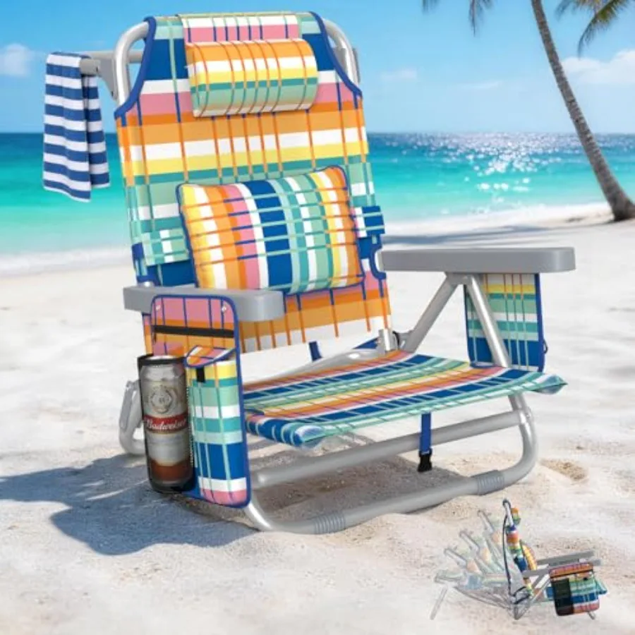 Beach chair for adults: 5-position reclining, heavy-duty foldable tall design with lumbar support, cooler bag, cup holder, towe