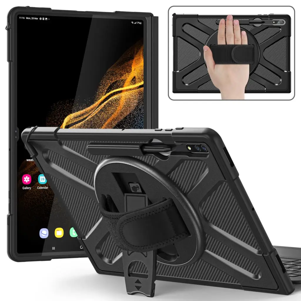 

Case for Samsung Galaxy Tab S8 Ultra 2022 S9 Ultra 2023 14.6Inch X910 X900 X906 Shockproof Stand Cover Hand Strap PC+TPU Funda