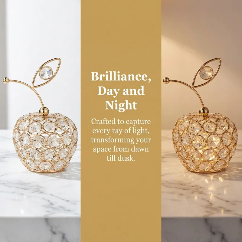 Golden Hollow Metal Apple Tea Light Candle Holder, K9 Crystal Inlaid Fruit Candlestick with Crystal Leaf Stem for Table Home Dec
