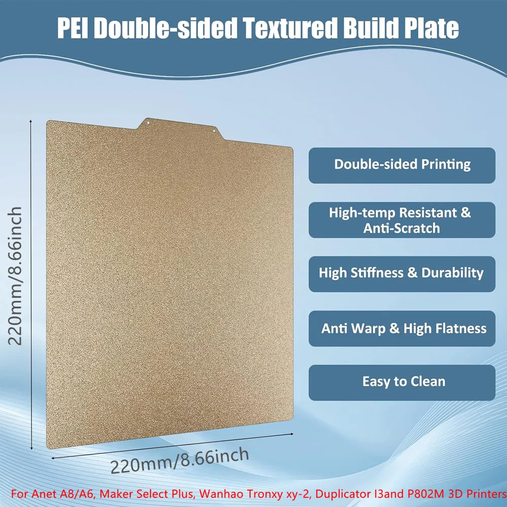 

Лист PEI 220x220 мм, гибкая монтажная пластина из пружинной стали, двухсторонняя текстура, магнитная кровать PEI для Anet A8, дубликатора I3, Tronxy xy-2