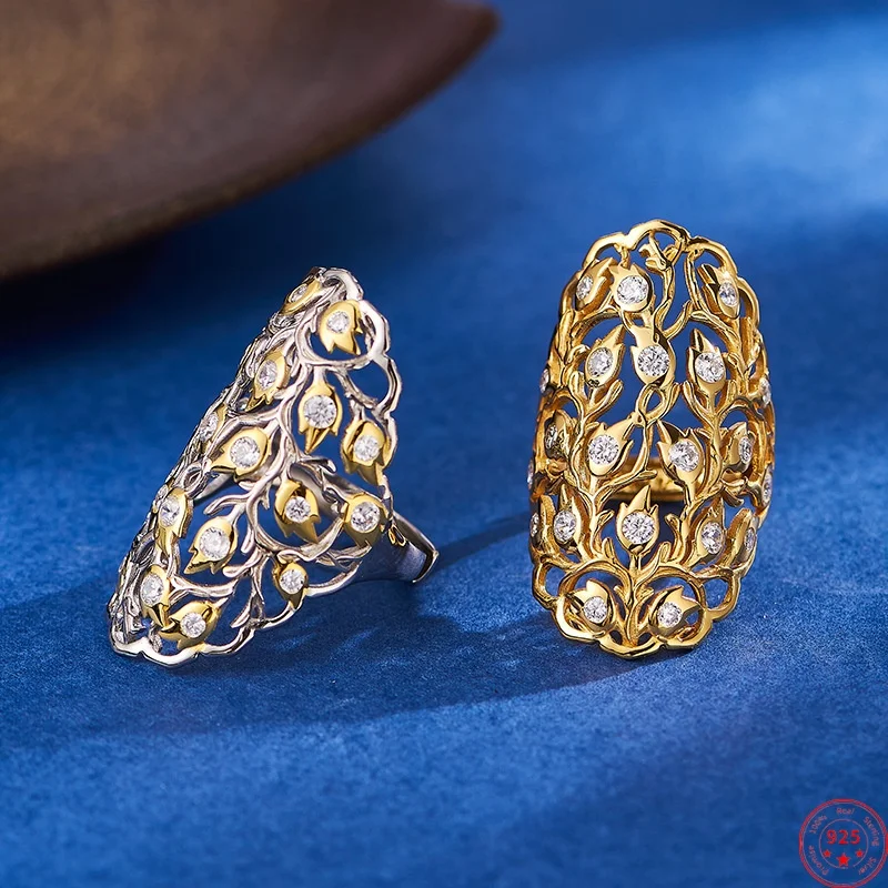 

Кольца из стерлингового серебра S925 для женщин и мужчин, позолоченные овальные полые узоры, инкрустация цирконом, модные ювелирные изделия контрастного цвета, оптовая продажа