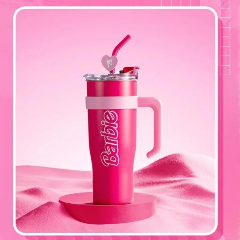 Authentic MINISO Barbie Capsule Big Mac Steel Cup 1600ml Large Capacity Straw Cup Insulated Sports Water Cup with Handle