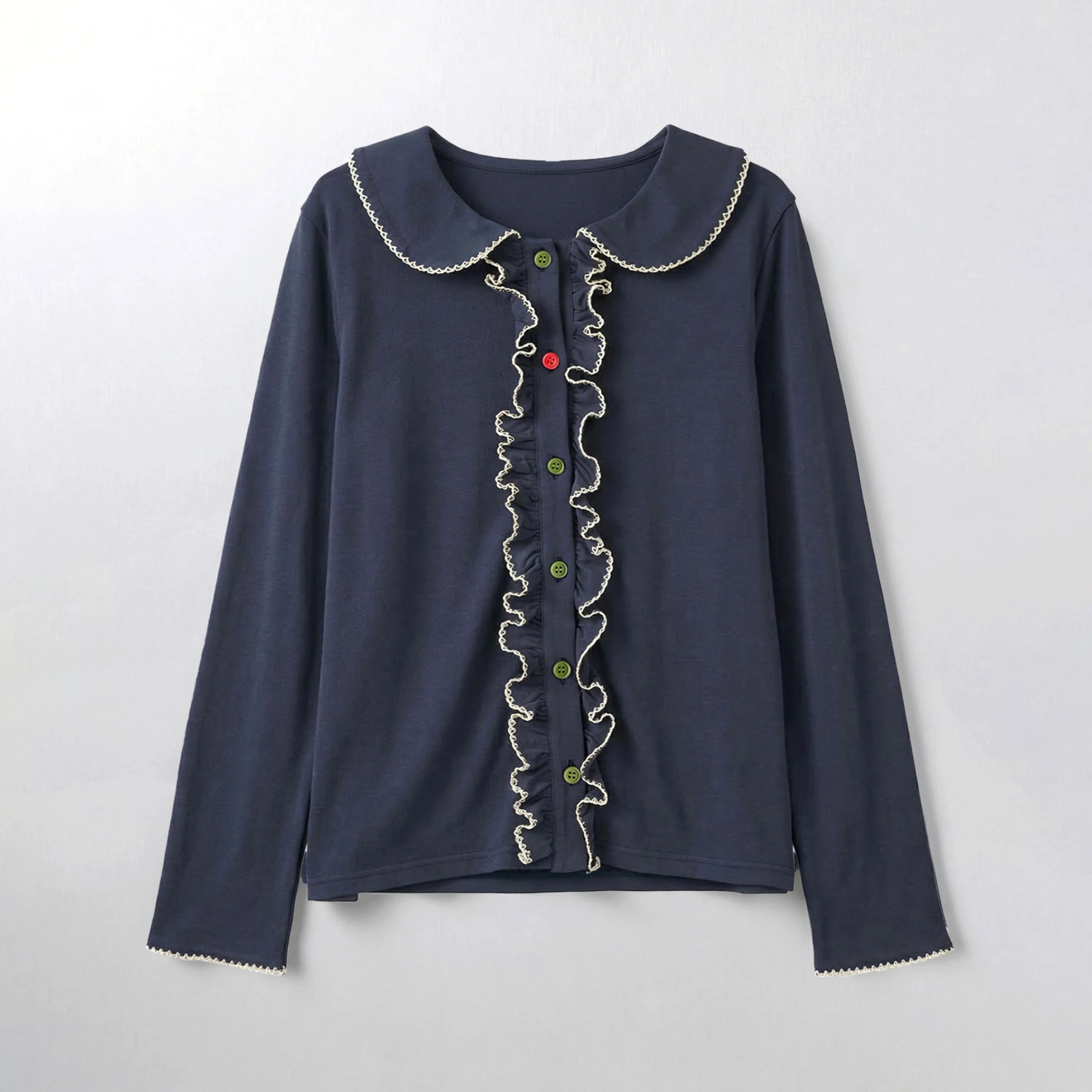 

Women's Peter Pan Collar Ruffle Trim Button Down Cardigan Sweet Japanese Style Long Sleeve Knit Top 265379