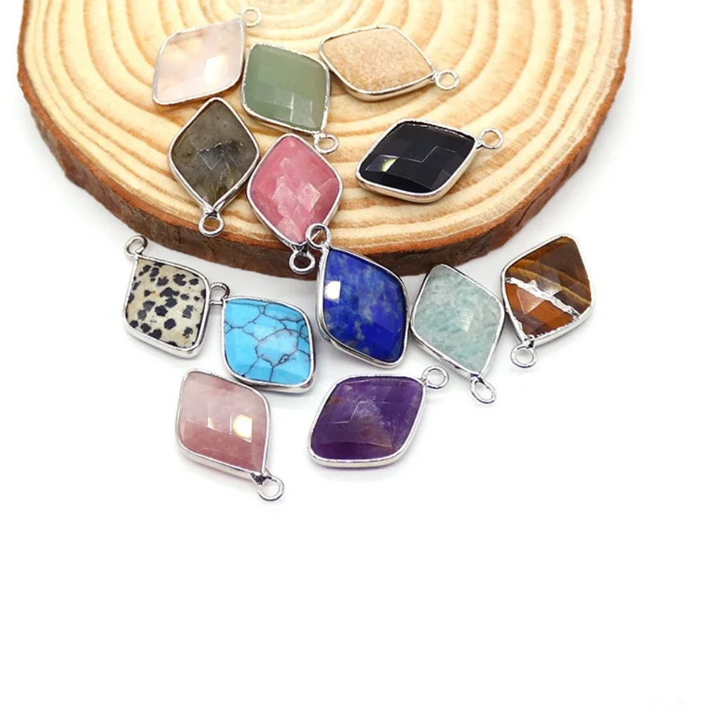 Fine Faceted Natural Stone Pendant 15x25mm Rhombus Rhodochrosite Tiger Eys Stone Charms Accessory 2 Pcs For DIY Jewelry Gift