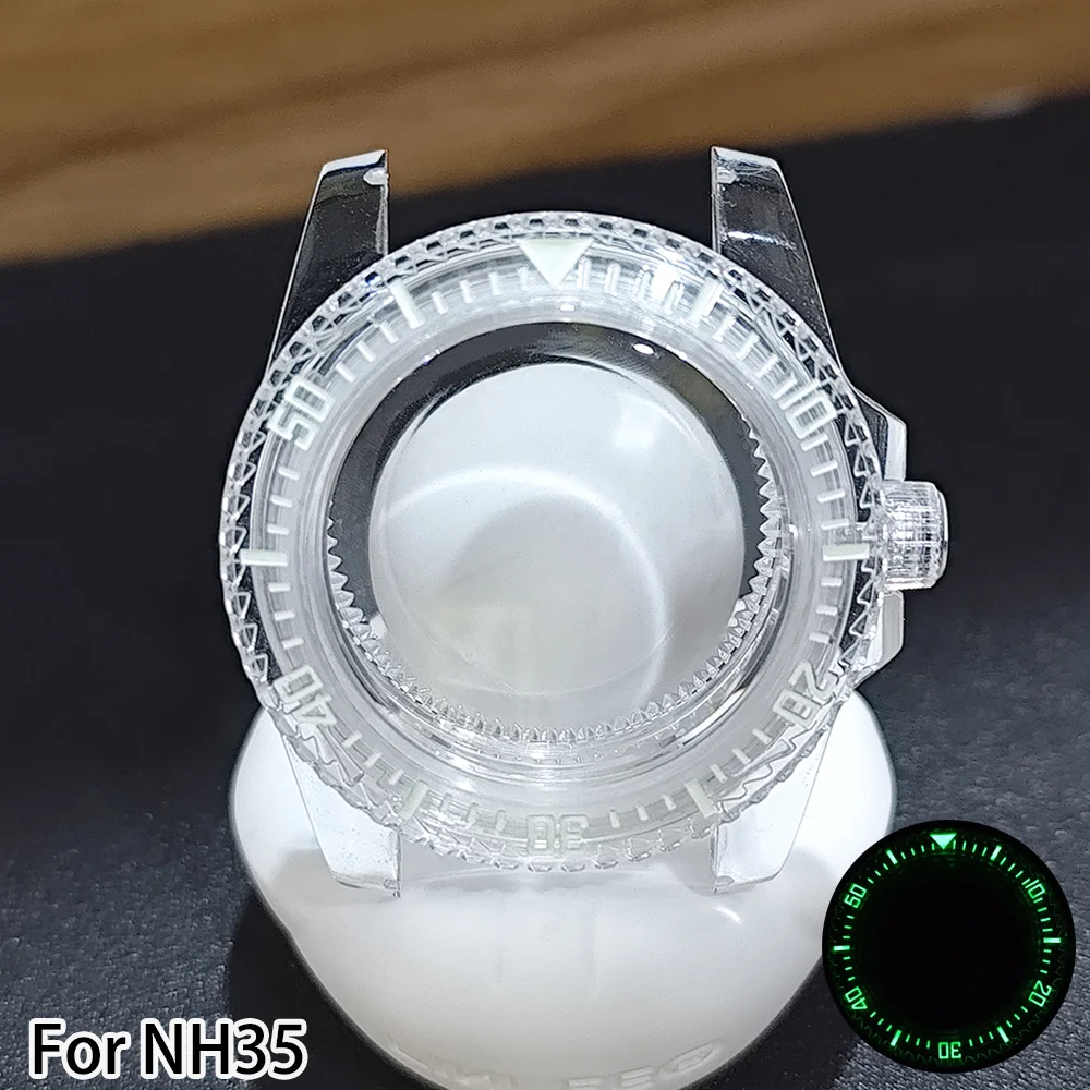 

NH35 Watch 40mm Transparent Acrylic Case Luminous Green High Quality Watchs Case Accessories 20MM Rubber Strap Part VK63 Case
