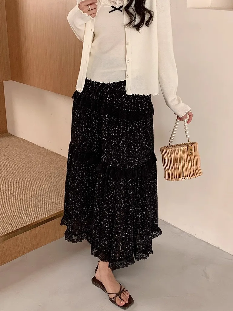 

Эластичная юбка А-силуэта с цветочным кружевом и завышенной талией для женщин, весенняя юбка-миди из хлопка с многослойным подолом