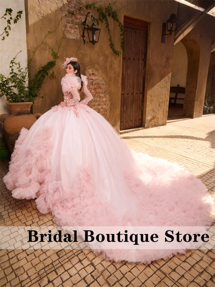 

Luxury Pink Ball Gown Quinceanera Dresses Sleeves Applique Beading Crystal Tiered Tull Party Birthday Sweet 16 Dress Customized