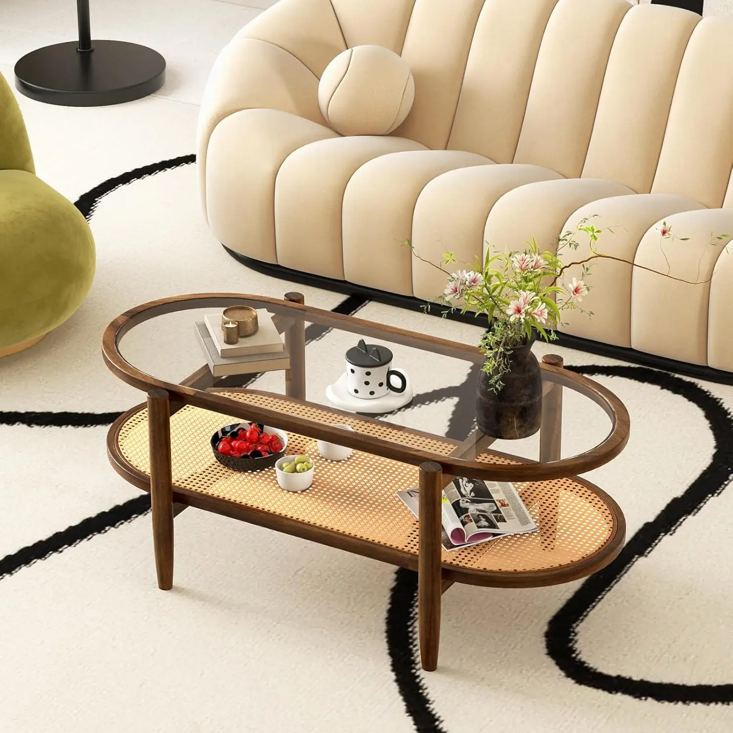 Mesa De Café Oval Rattan Boho, Mesa Central De Madeira De Acácia, Tampo De Mesa De Vidro Temperado, Prateleira De Armazenamento De Rattan PE, 2-Tier