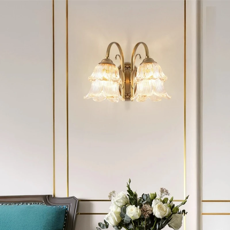 French Luxury Single/double Head Flower Shape Glass Wall Lamp Brass Light Retro Living Room Bedroom Restaurant Hotel LED Sconces