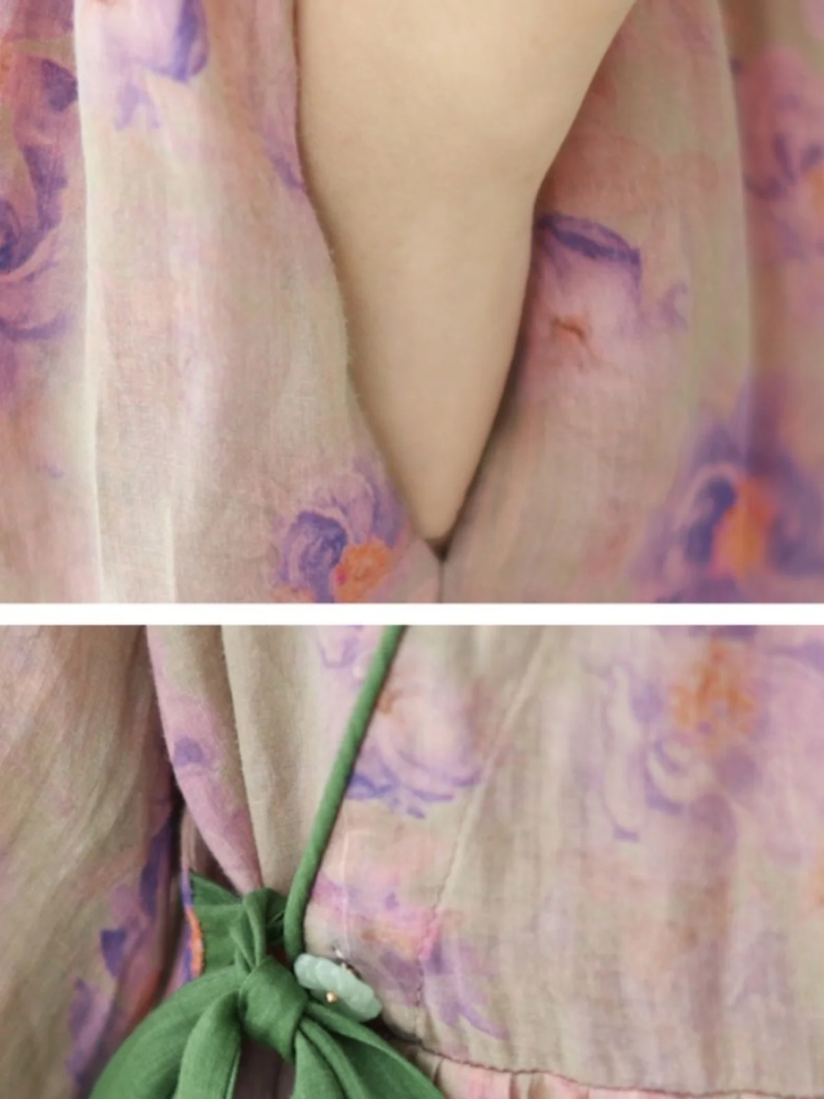 Sweet Floral Print A-Line Long Dr with Bow Tie round Ne Slimming Large Size Women's Faionable Commute Sle Cotton Blend